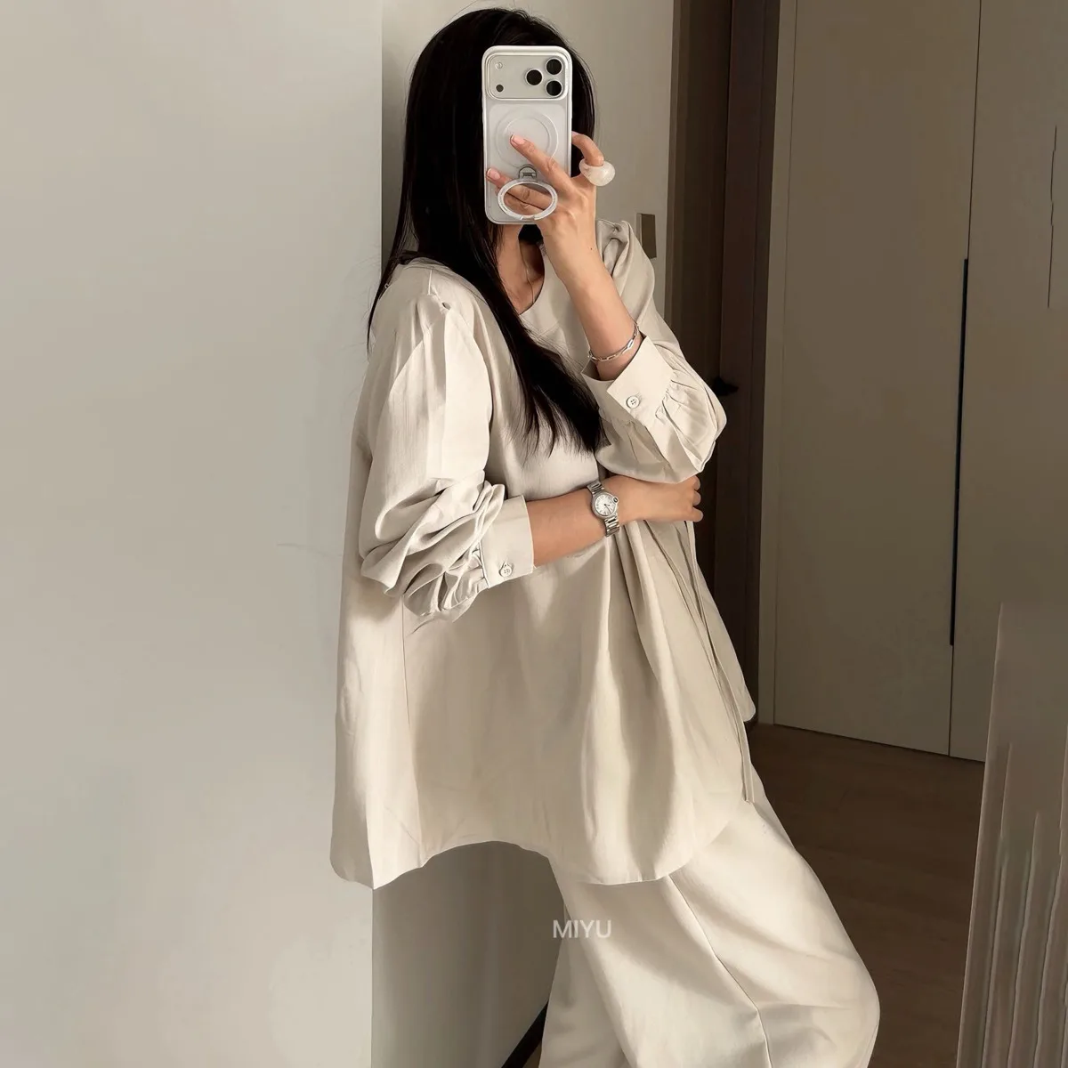 VTKW 2026 New Arrival Women Two Piece Set Puff Sleeve Round Neck Blouse Self Tie Waist Textured Fabric Wide Leg Trousers Outfit - Detail 1