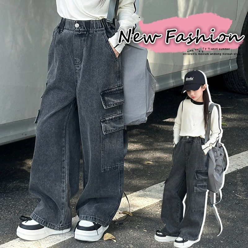 Cowgirl Vintage Grey Cargo Jeans With Pocket For Kids Girl Casual Distressed Denim Pants School Children Straight Jeans Trousers