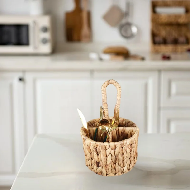 Rattan Wicker Storage Basket Hand Woven Flatware Organizer Round Storage Box Water Hyacinth Storage Basket Cutlery Holder