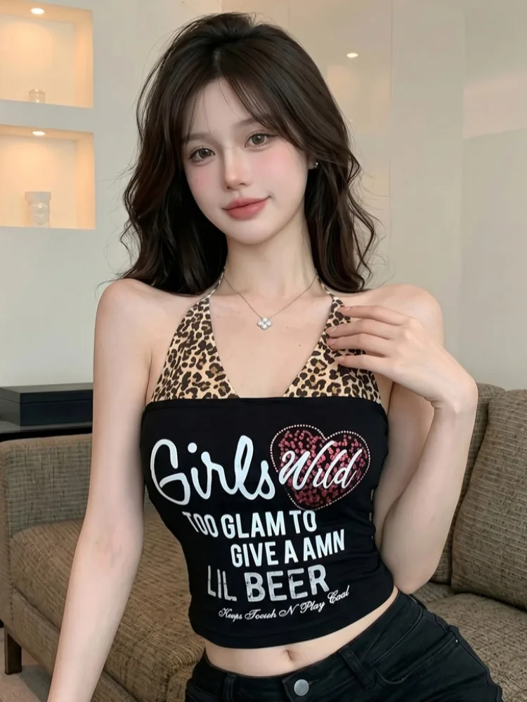 

American Style Hot Girl Leopard Print Patchwork Crop Top Women's Summer New Design Slimming High Waist Vest Trendy Fashion