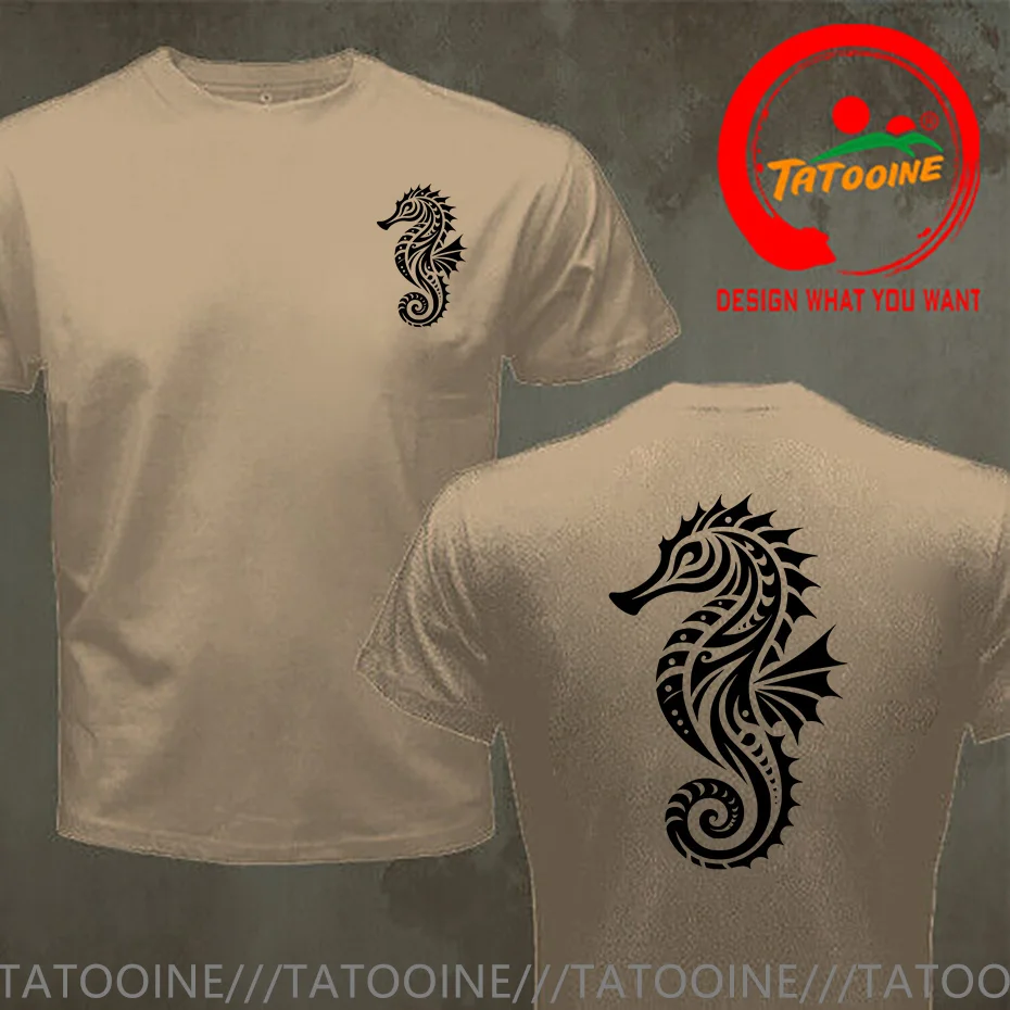 Funny Front Back Print Cartoon Tribal Water Seahorse Tattoo Swim Training T Shirt Sea Horse T-Shirt Boys Fashion Casual TeeShirt