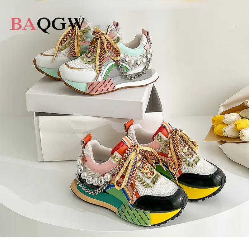 Womens High Heel Leather Sneakers Lace Up Rainbow Colors Platform Pearls Chain Patchwork Fashion Girls Breathable Running Shoes