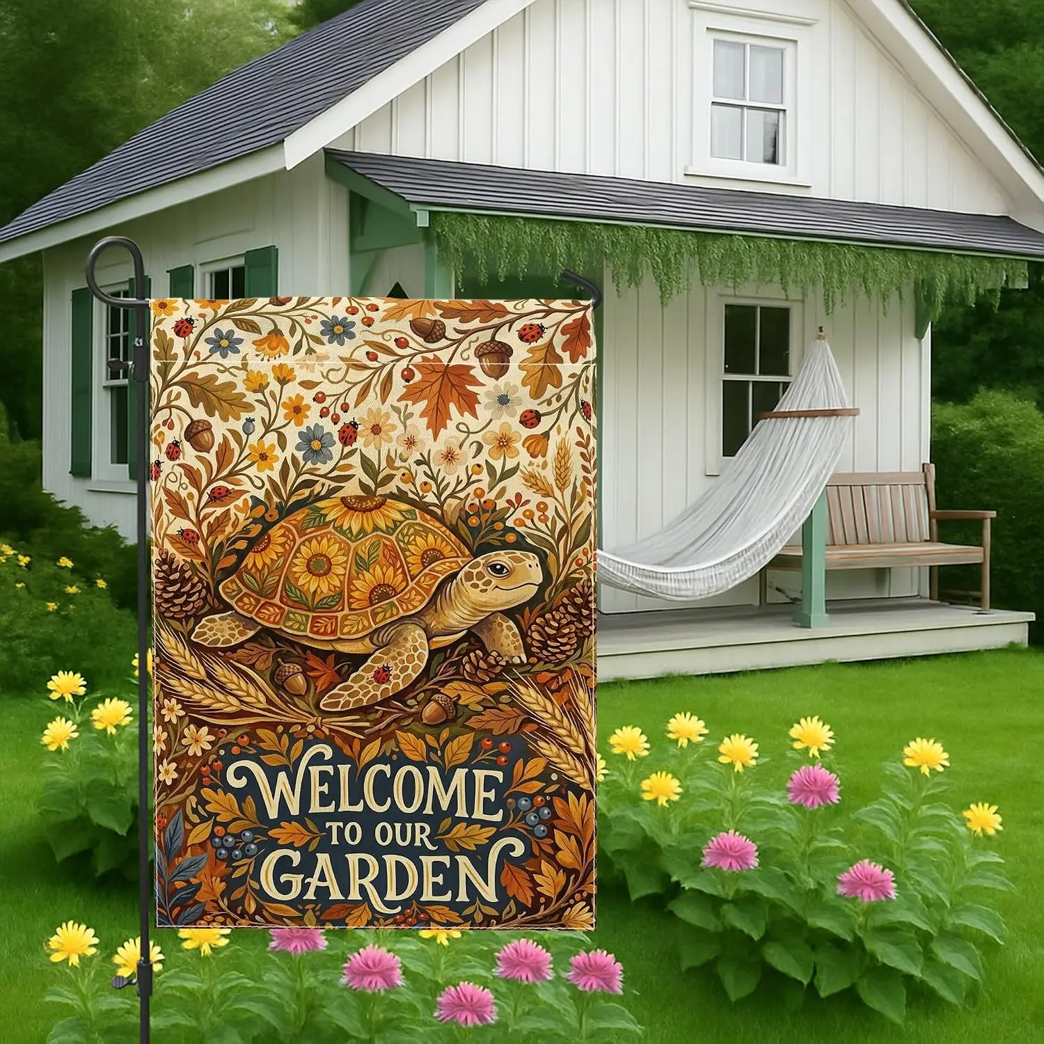 Turtle Garden Flag, Fanciful Nature-inspired Flowers Leaves Spring Brown Double Sided Burlap Decorative Outside Flags for Ou xxl