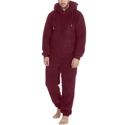 Plus 5xl Men Winter Pajamas New Pocket Zipper Long Sleeve Warm Plush Jumpsuit Pajamas Solid Hooded Drawstring Onesies 2023