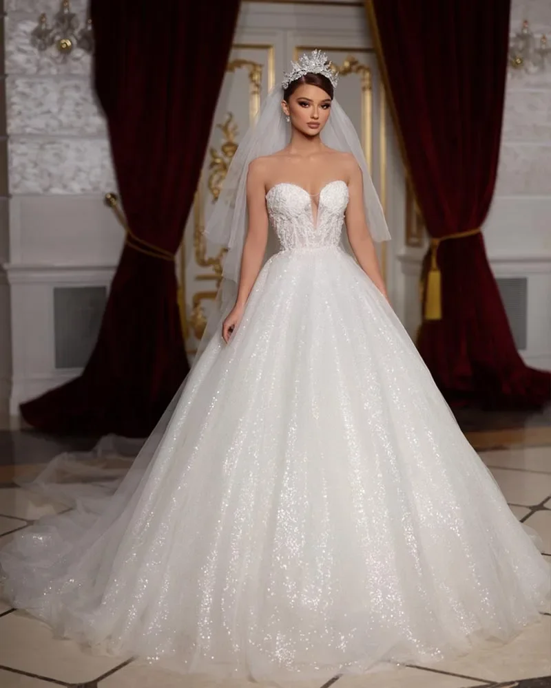 فساتين زفاف Flavinke مخصصة وصلت حديثًا برقبة على شكل قلب في جميع أنحاء مطرز باللؤلؤ والترتر اللامع 2025 Vestido De