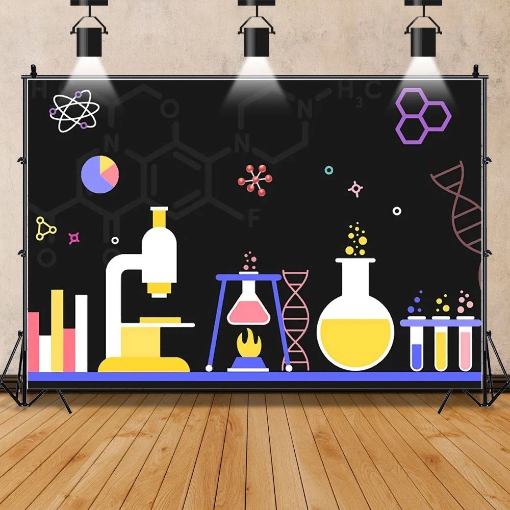 Fondo de fotografía de laboratorio de química, elementos científicos divertidos, fórmulas, símbolos de matemáticas, microscopio, fondo escolar, accesorios de estudio fotográfico
