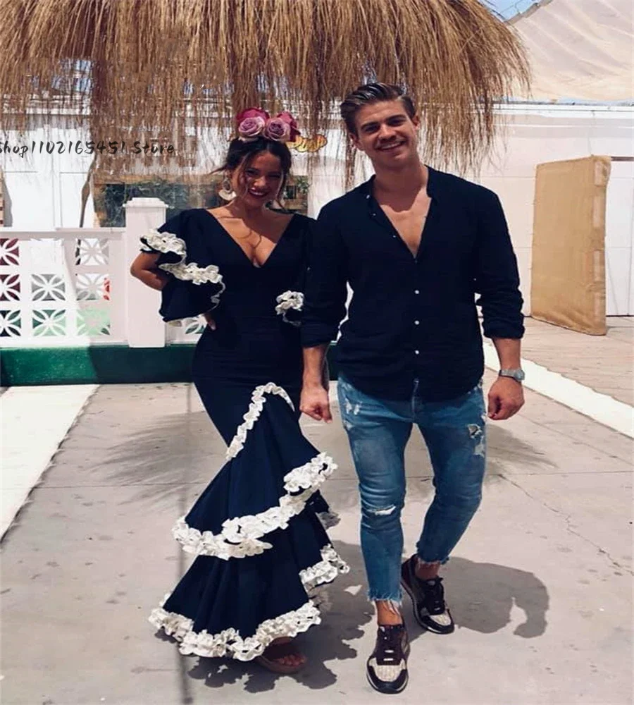 Black Flamenco Dress Women Mermaid Prom Dresses with Cap Sleeves Lace Evening Gowns Appliques Formal Party Wear Customized