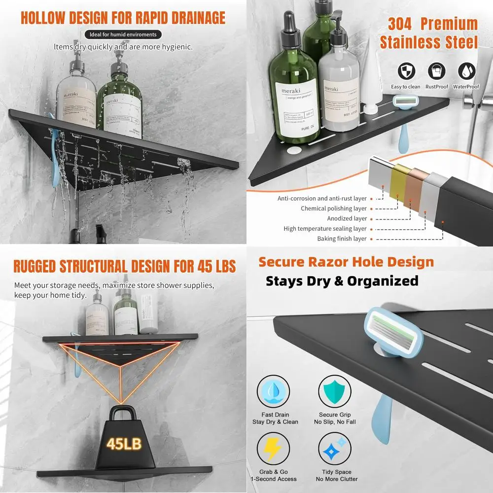 

10. Современная душевая кабина из нержавеющей стали с держателем для бритвы, настенное крепление для плитки, сверление не требуется.