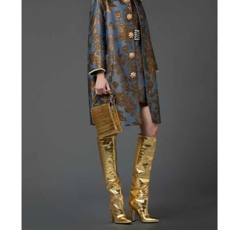 Botas de fiesta de moda hasta la rodilla con estampado de piedras para mujer europea y americana, tacón alto grueso y puntiagudo, manga suelta