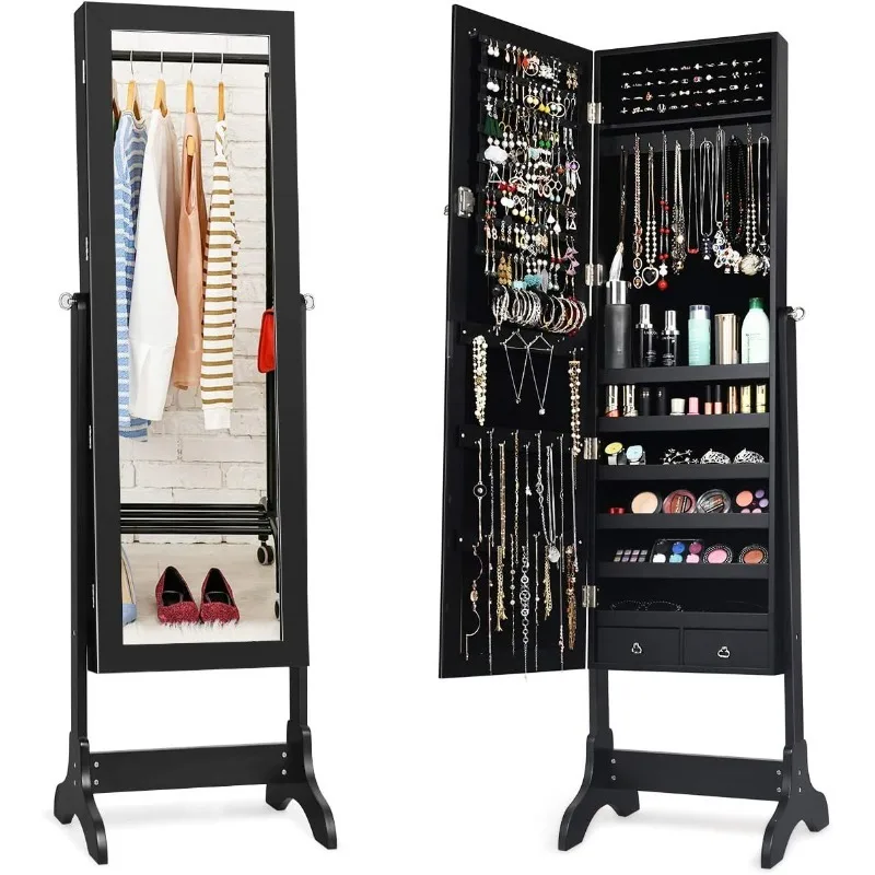 

Lockable Standing Jewelry Armoire with Full Length Mirror, Large Storage Capacity Jewelry Cabinet Organizer with 2 Drawe
