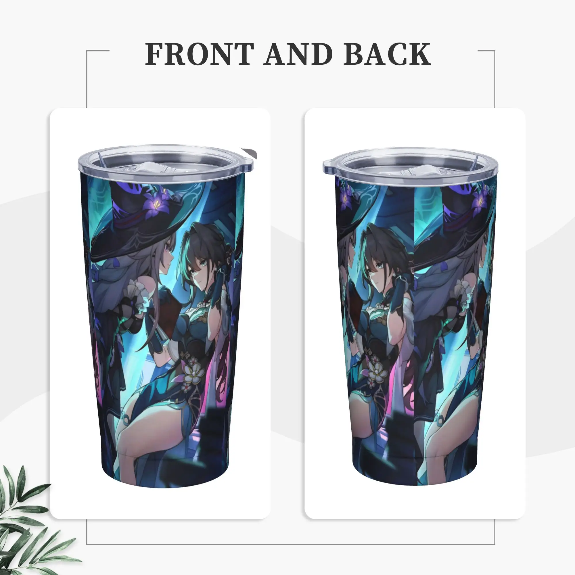 Herta and Ruan Mei Insulated Tumbler with Straws Lid Honkai Anime Stainless Steel Thermal Mug Office Home Water Bottle Cup, 20oz