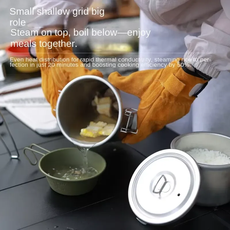 Outdoor 304 Stainless Steel Multi-functional Pot Soup and Steamed Rice Integrated Portable Camping Cooker Single Model