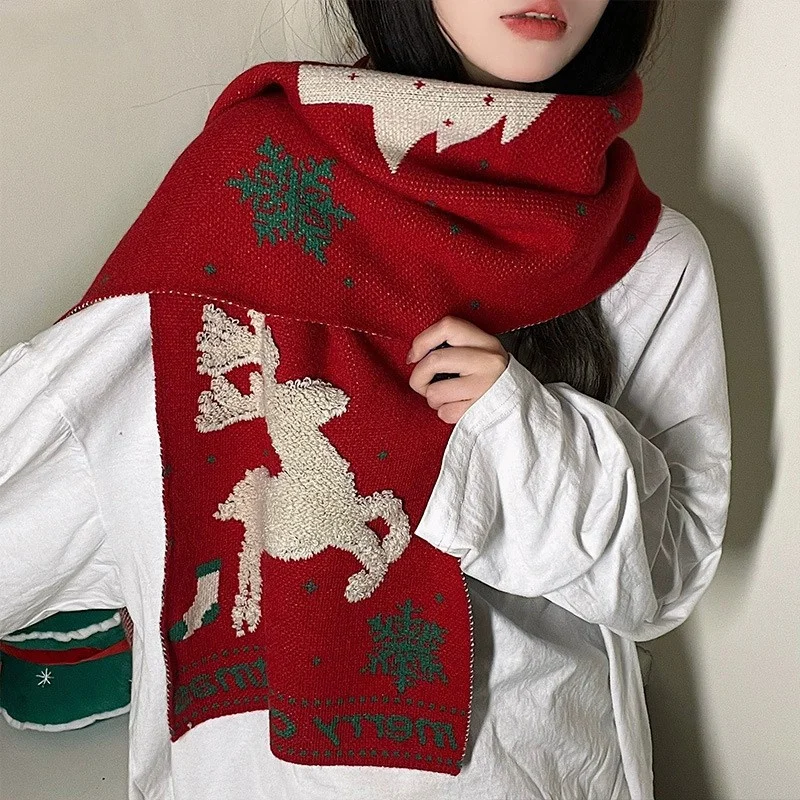 Christmas Gift Scarf/Hat/Gloves One Set Women's Winter Red Warm Christmas Neck Scarf