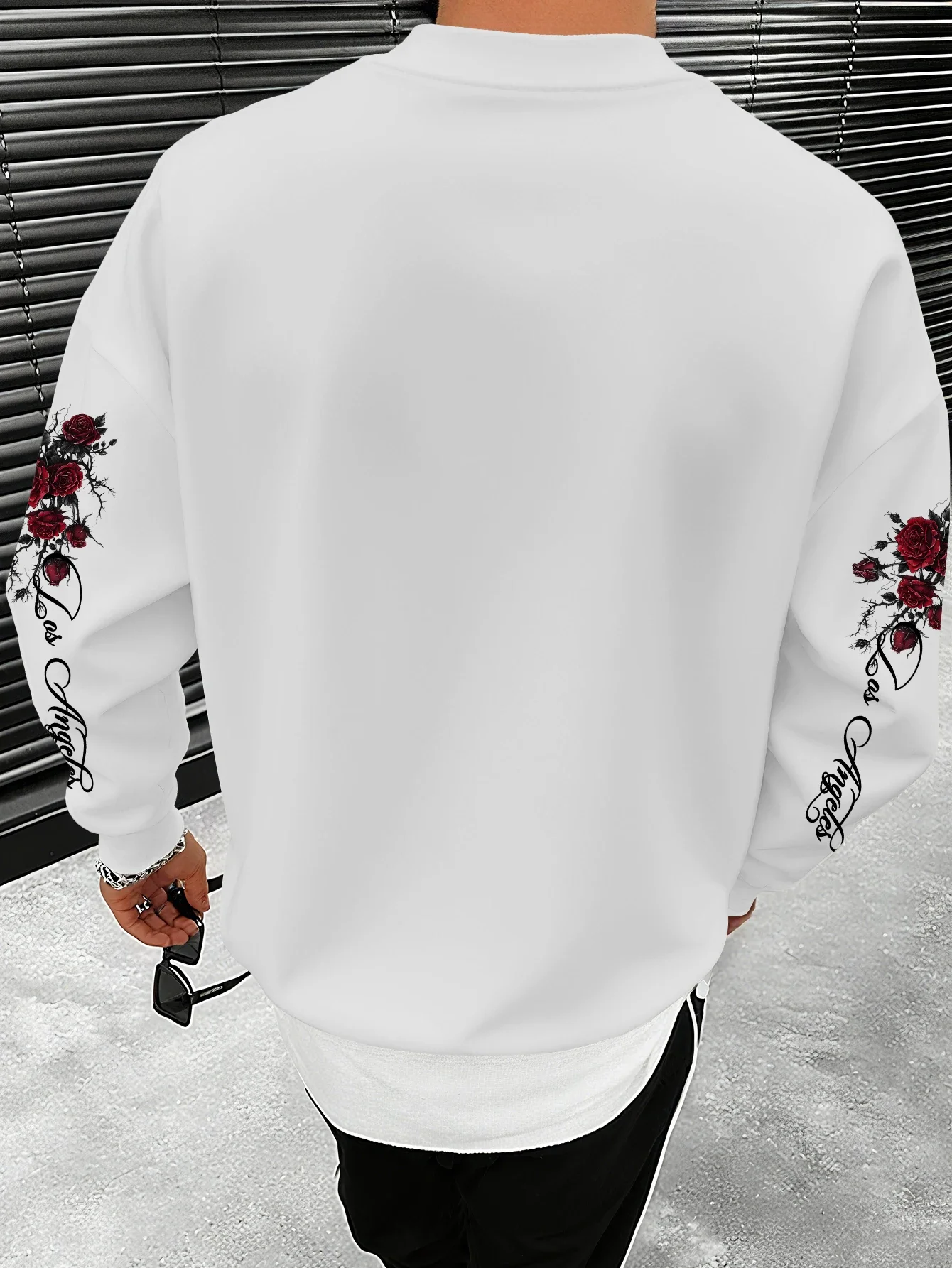 Lässiges Herren-Sweatshirt mit Rundhalsausschnitt und langen Ärmeln, dunkelrotes Rosen-Blumenmuster mit Schriftzug-Grafikdruck, S-XXL – Detail 3