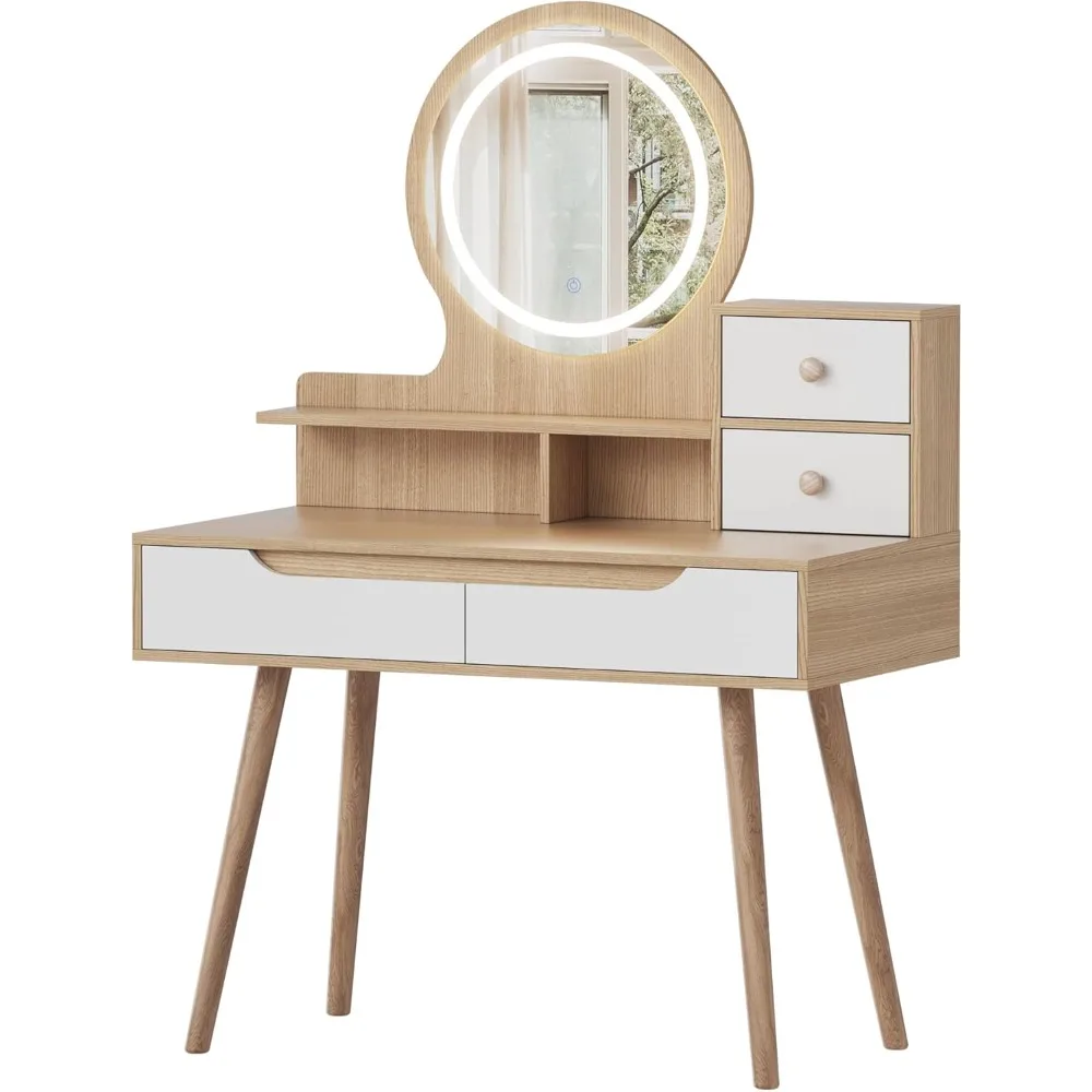 طاولة زينة مع مرآة وإضاءة، طاولة زينة مع 3 مرايا مضيئة قابلة للتعديل، 4 أدراج، 3 أرفف مفتوحة