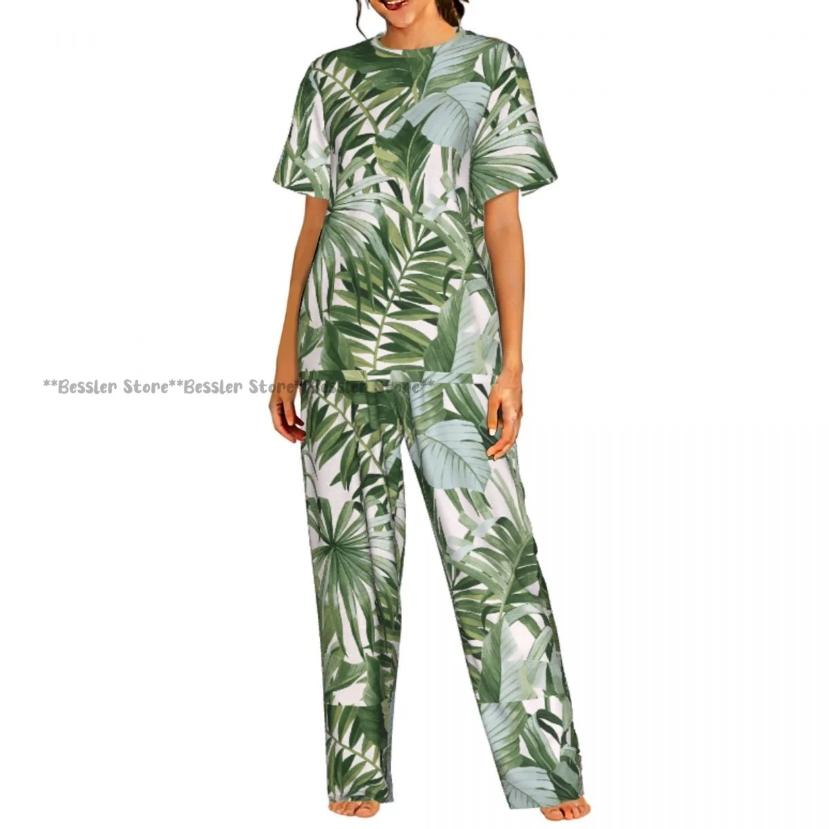 

Женский комплект из 2 предметов: пижама с принтом пальм и банановых листьев, бело-зеленая, в тропическом стиле, с коротким рукавом, топ и брюки, одежда для сна