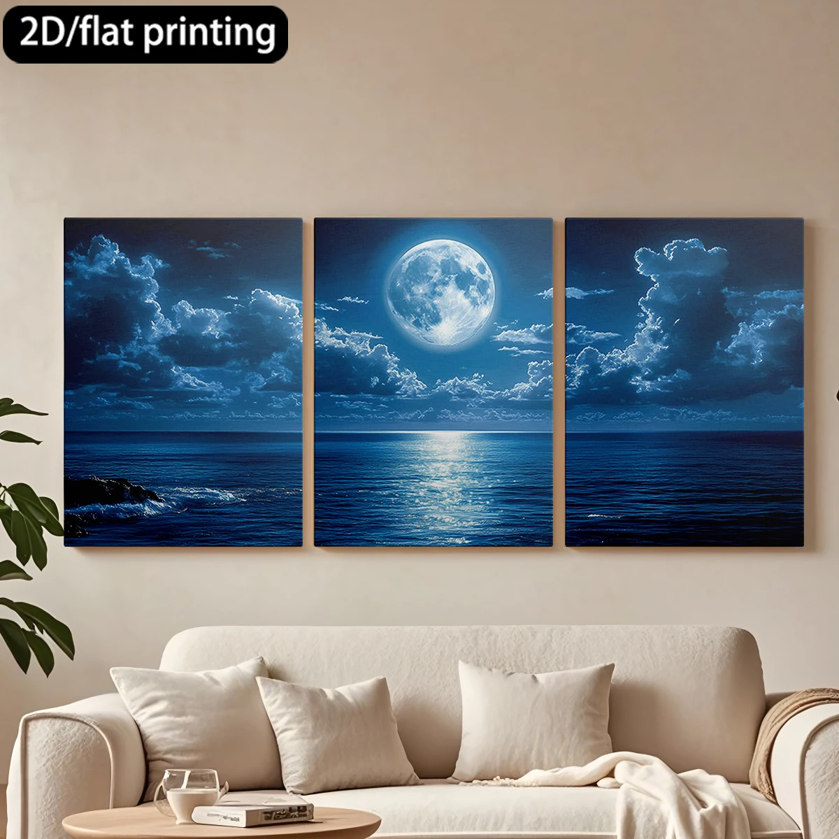 

2D flat printing 3pc wooden frame canvas decorative painting Full moon shining over ocean.Corridor bedroom decoration