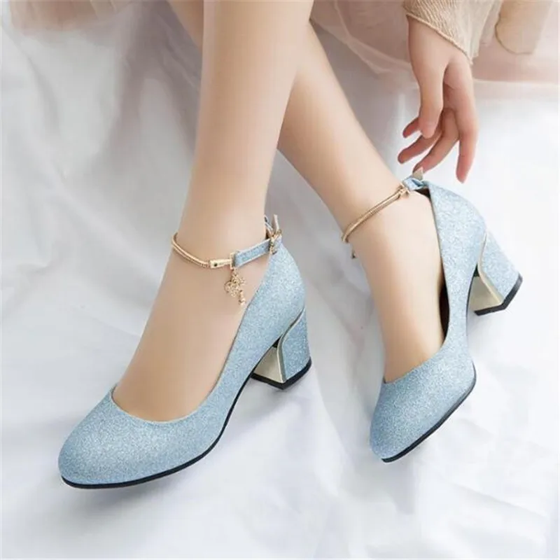 Fashion Sequin Girls Leather Shoes Woman Dress High Heel Shoes Ladies Buckle Heel Pumps Party Wedding Shoes Size 32-43