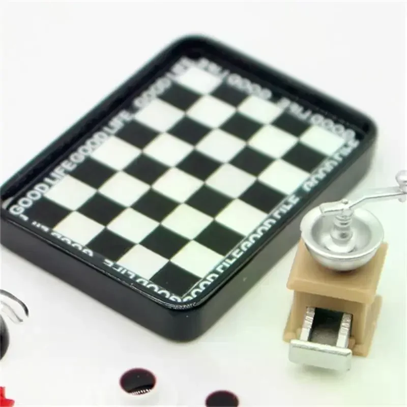 인형 집 미니어처 커피 메이커 그라인더 흑백 체크 무늬 디너 플레이트 세트 인형 집 장식 모형 역할 놀이 장난감