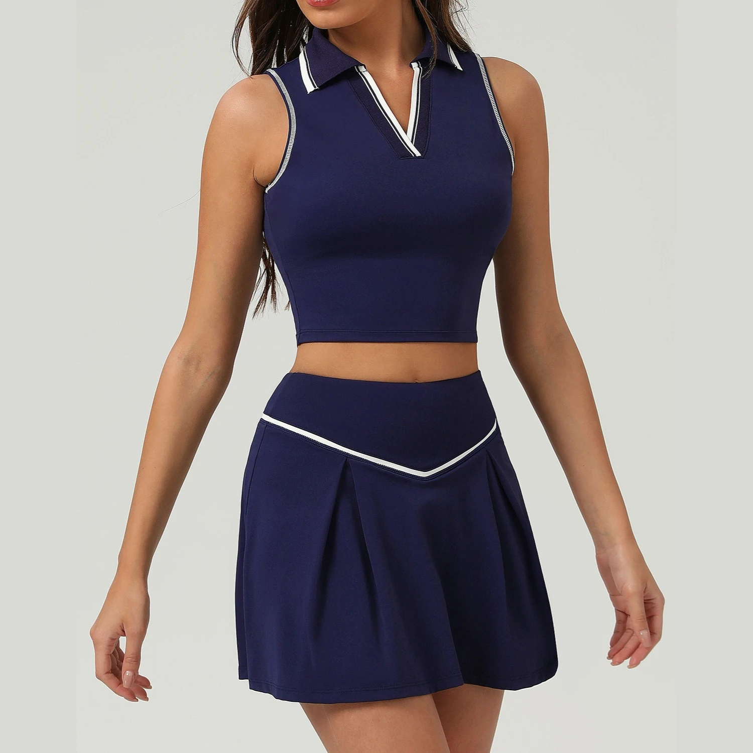 Greenora 2PCS Set Tennis Skirt Workout Outfits for Women Sleeveless V Neck Crop Top Pleated Golf Skirt with Pockets Gym Trendy