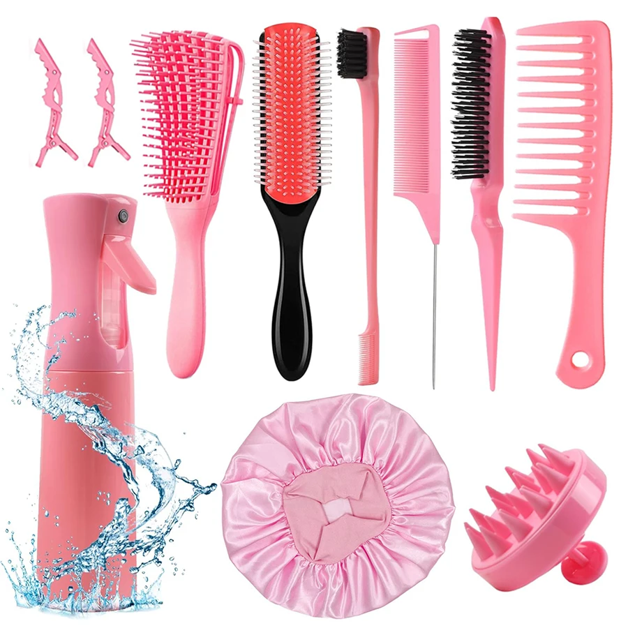 11 pcs Hair Brush Set,Detangling Brush Set for Curly Hair with Hair Spray Bottle, Hairbrush Set, Hair Scalp Massager Brush,9 Row