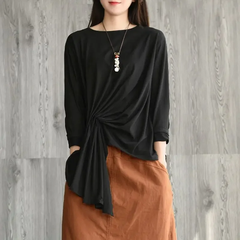 

O-Neck Loose Folds Irregular Blouse Women's Clothin New Casual Pullovers All-match Asymmetrical Shirt XT807