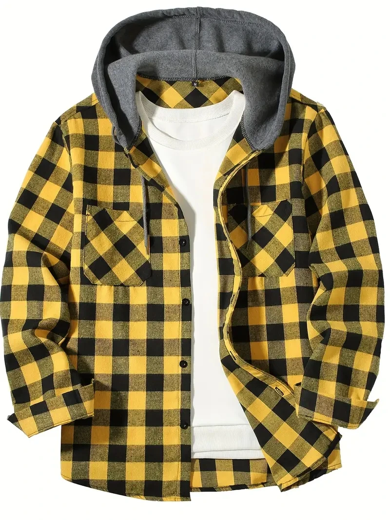 New four seasons plaid hooded shirt European and American size double bag cover hooded shirt men\'s trend slim-fit hooded shirt