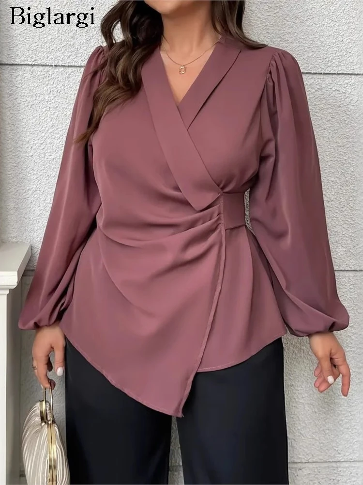 Plus Size Autumn V-Neck Tops Women Slim Waist Irregular Fashion Elegant Ladies Blouses Lantern Long Sleeve Woman Pullover Tops