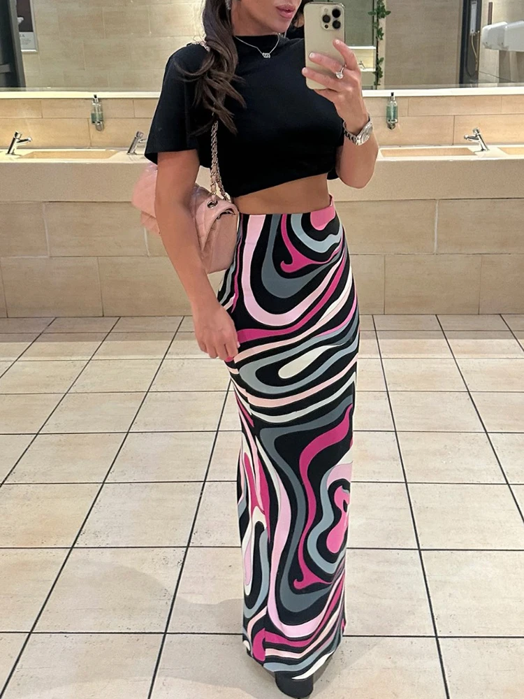 Spring Summer Fashion Vintage Pattern Print Pencil Long Skirt Women's High Waist Sexy Slim Buttock Covering Back Split Skirt