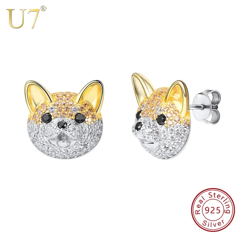 

U7 Akita Pet Dog Animal Bulldog Stud Earrings 925 Sterling Silver Colorful CZ Earring Puppy Lover Jewelry QC24