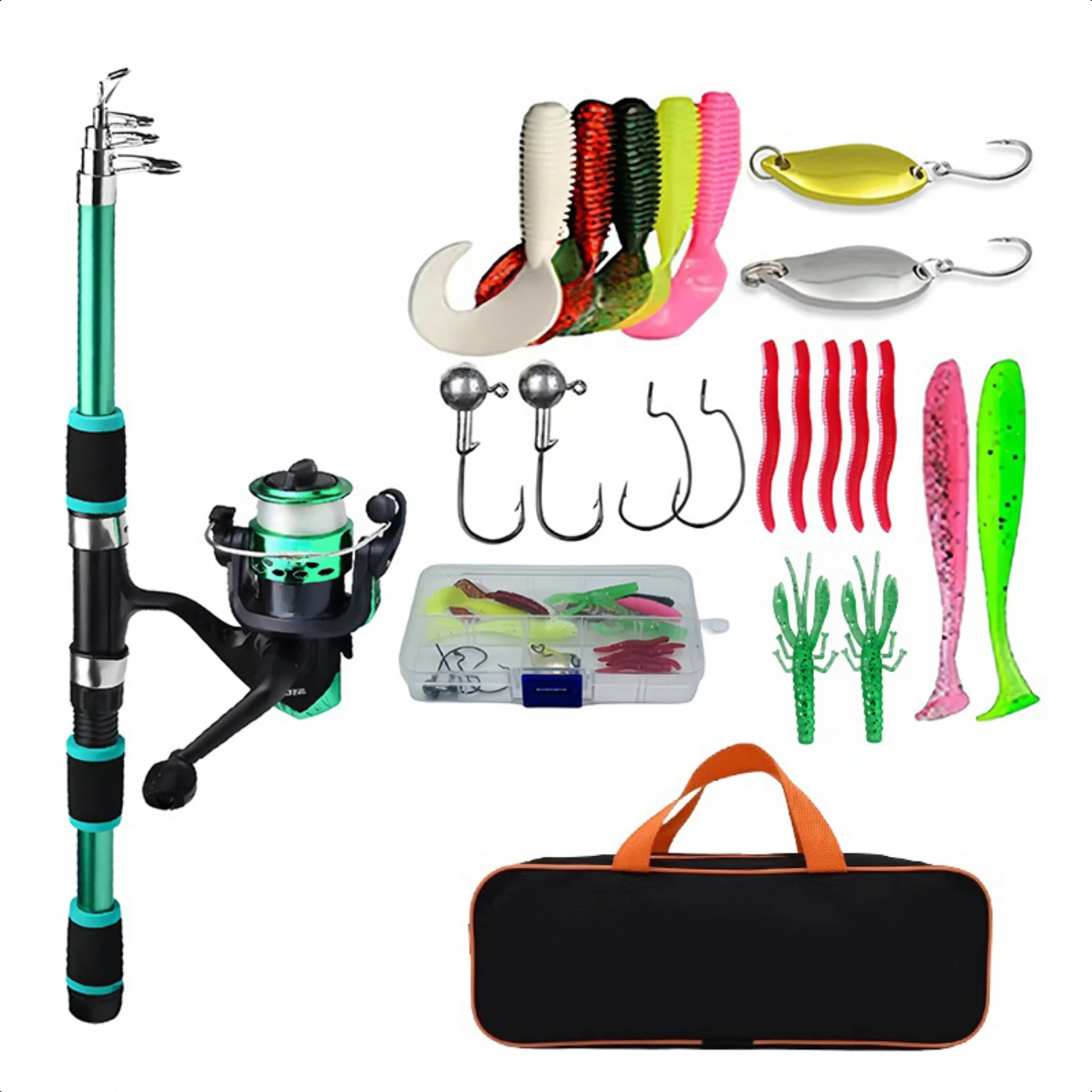 

Fishing Pole Set Full Kits With Telescopic Fishing Rod And Spinning Reel Baits Travel Pole Set