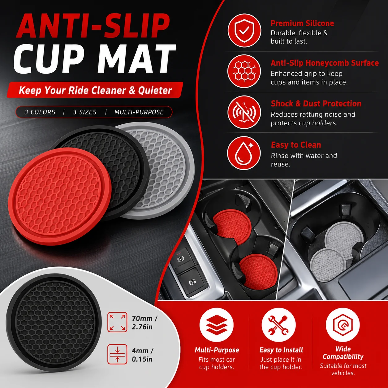 PINMOAP 2/4/8PCS Car Cup Holder Coaster Anti Slip Silicone Cup Universal Auto Interior Insert Pad Waterproof Dustproof Accessori