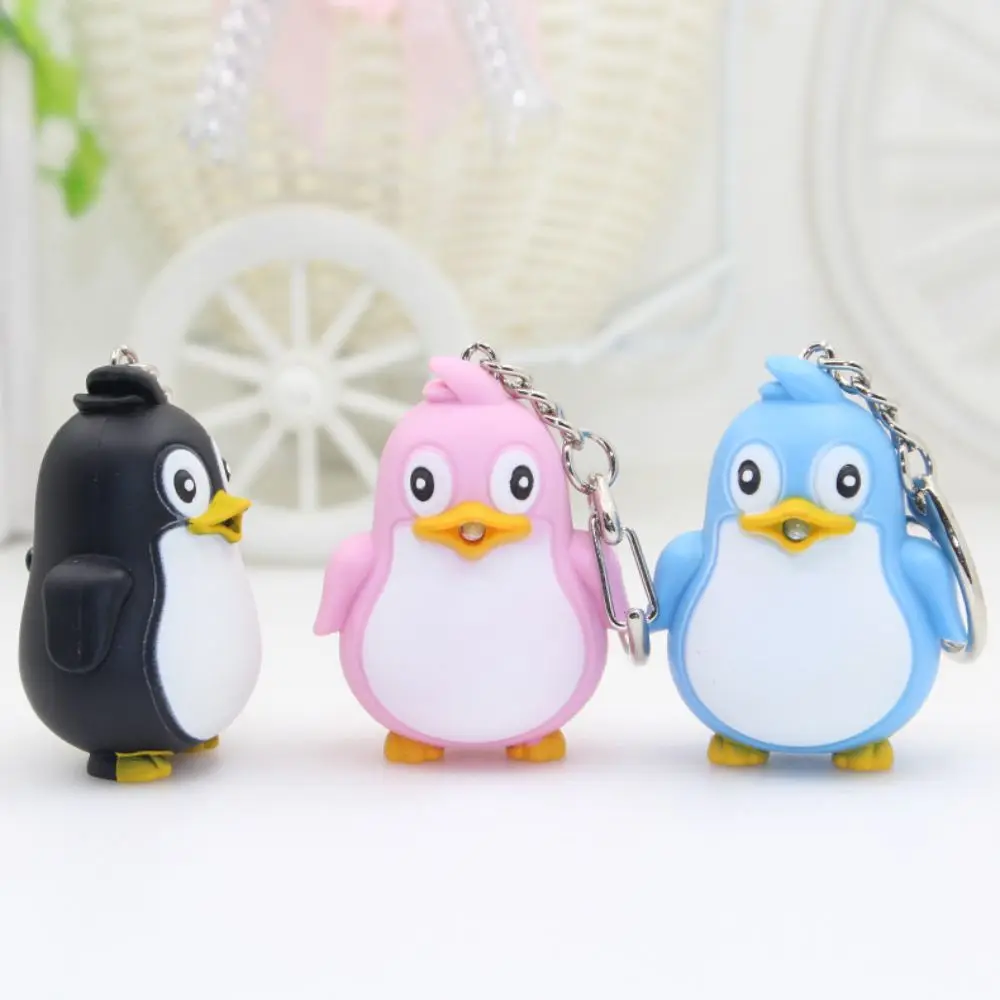 Cute ABS LED Keychain LED Light Sound Effect Animal Keychain Cartoon Penguin Key Ring Xmas Gift