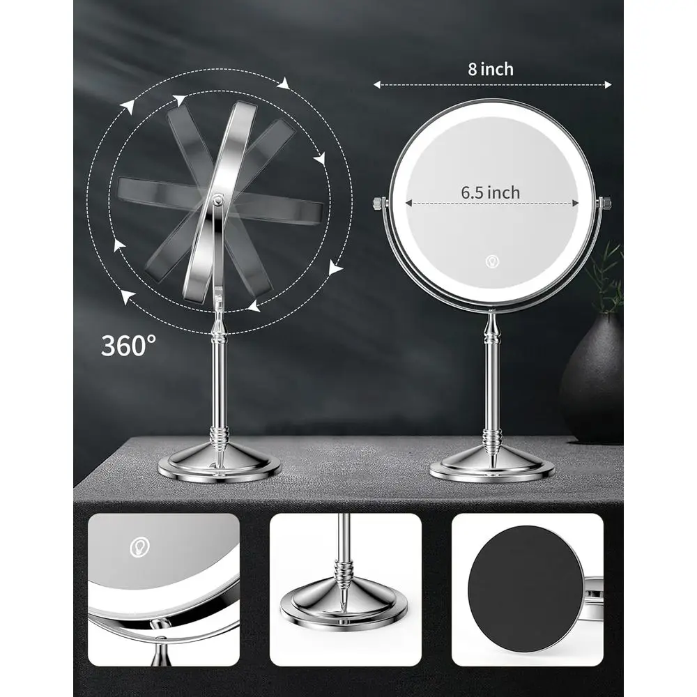 Miroir de courtoisie LED grossissant 20x avec batterie 4000mAh, miroir de maquillage chromé double face pour femmes, support de bureau