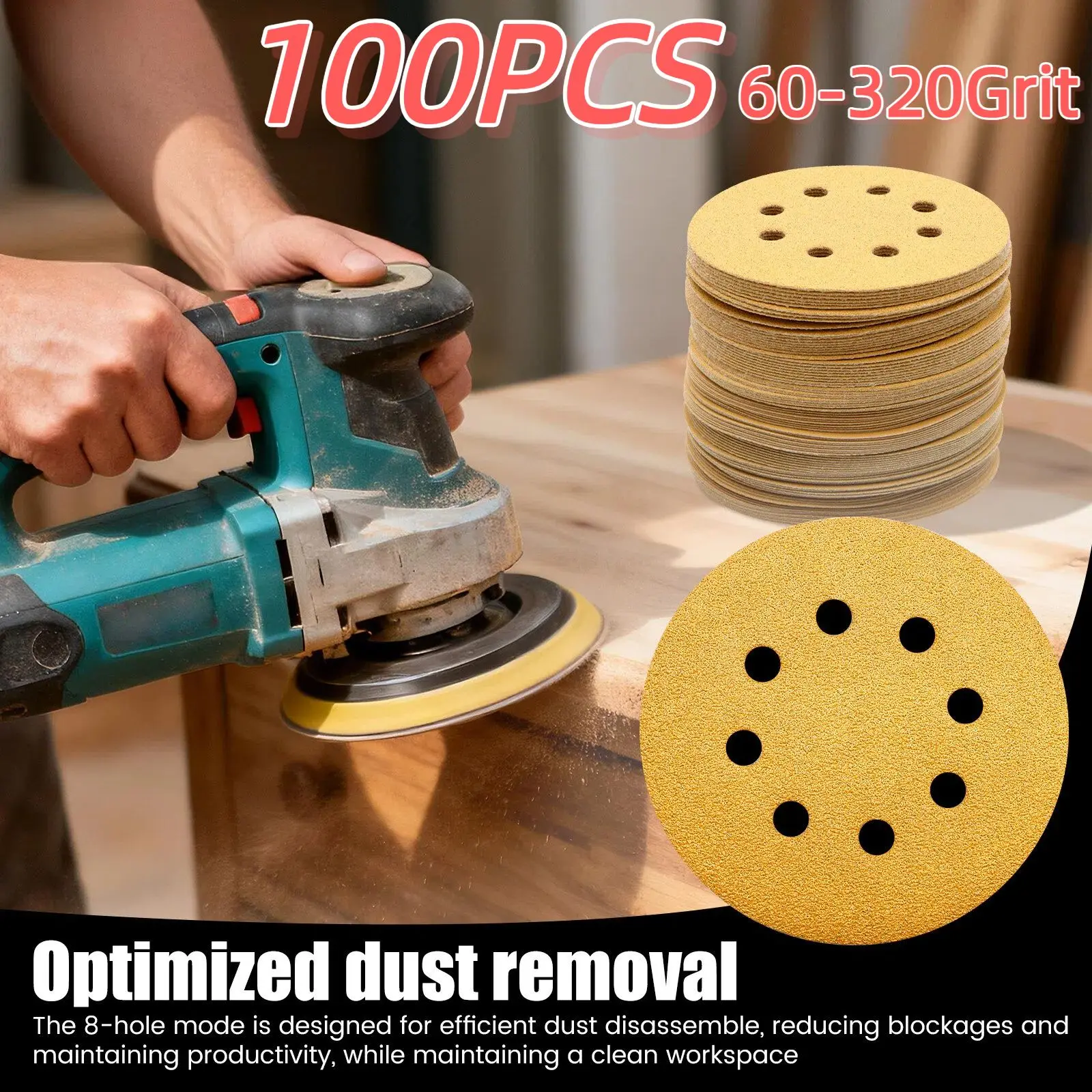 

100Pcs 125mm 5 Inch 8 Hole Yellow Sandpaper for Discs Grinder Car Woodworking Rubber Metal Grinding Disc Abrasive Polishing Tool