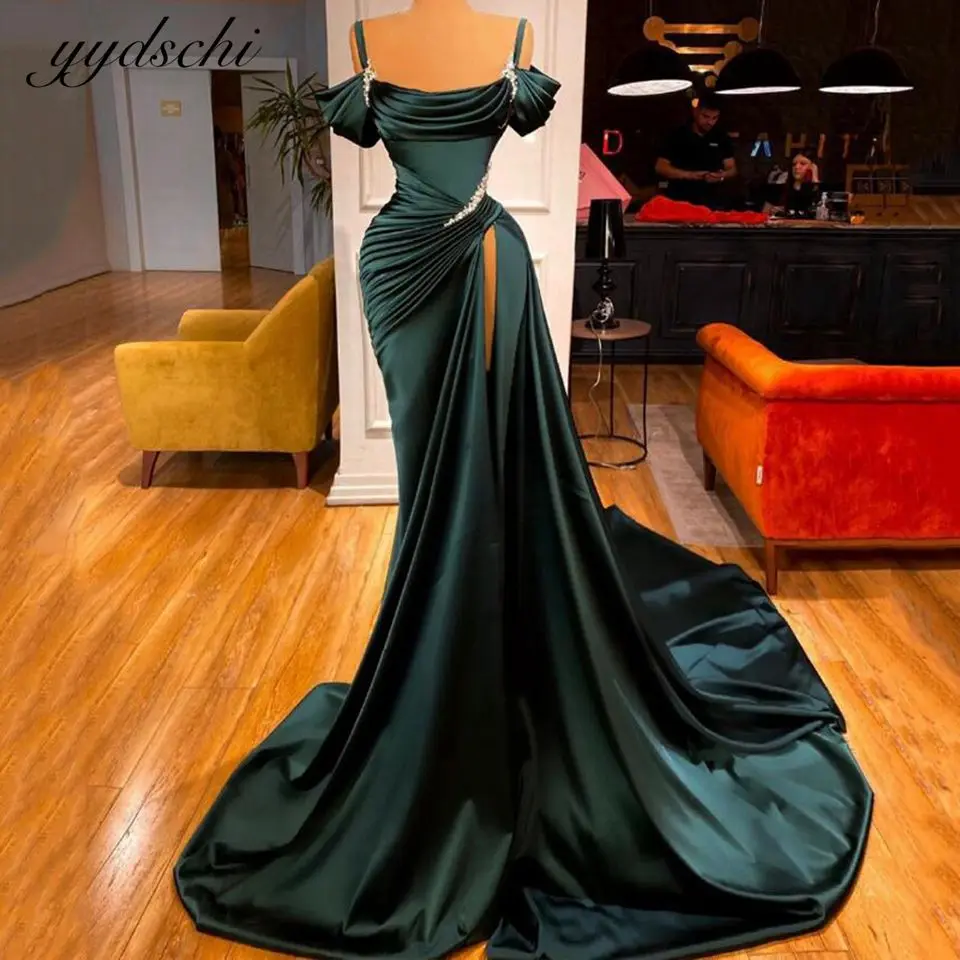

Mermaid Elegant Spaghetti Straps Evening Dresses Beading Pleat Vintage Satin High Split Prom Dress 2025 Vestidos De Gala