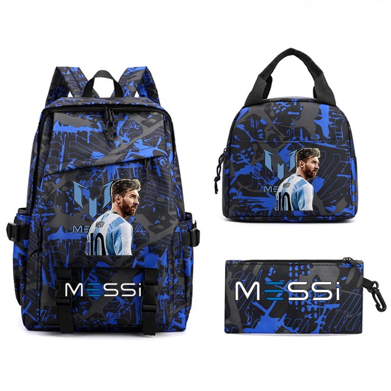 Messi Backpacks 3pcs Teens Bookbag Nylon Rucksack Football Girl Boys Backpack Women Men Lunch bags High Schoolbag Big Mochilas