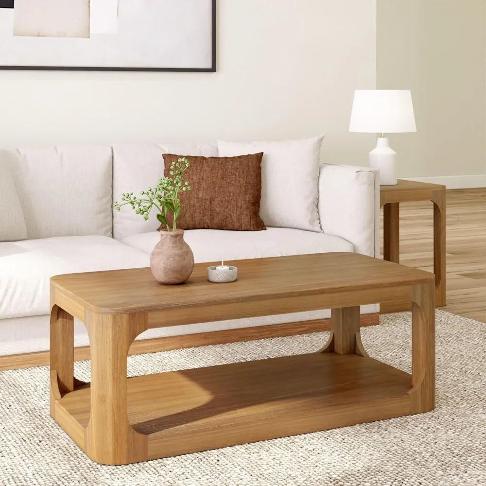 

Coffee Table, Solid Wood 48 Inch Modern Coffee Table with Shelf, with Storage Space,Contemporary Center Table