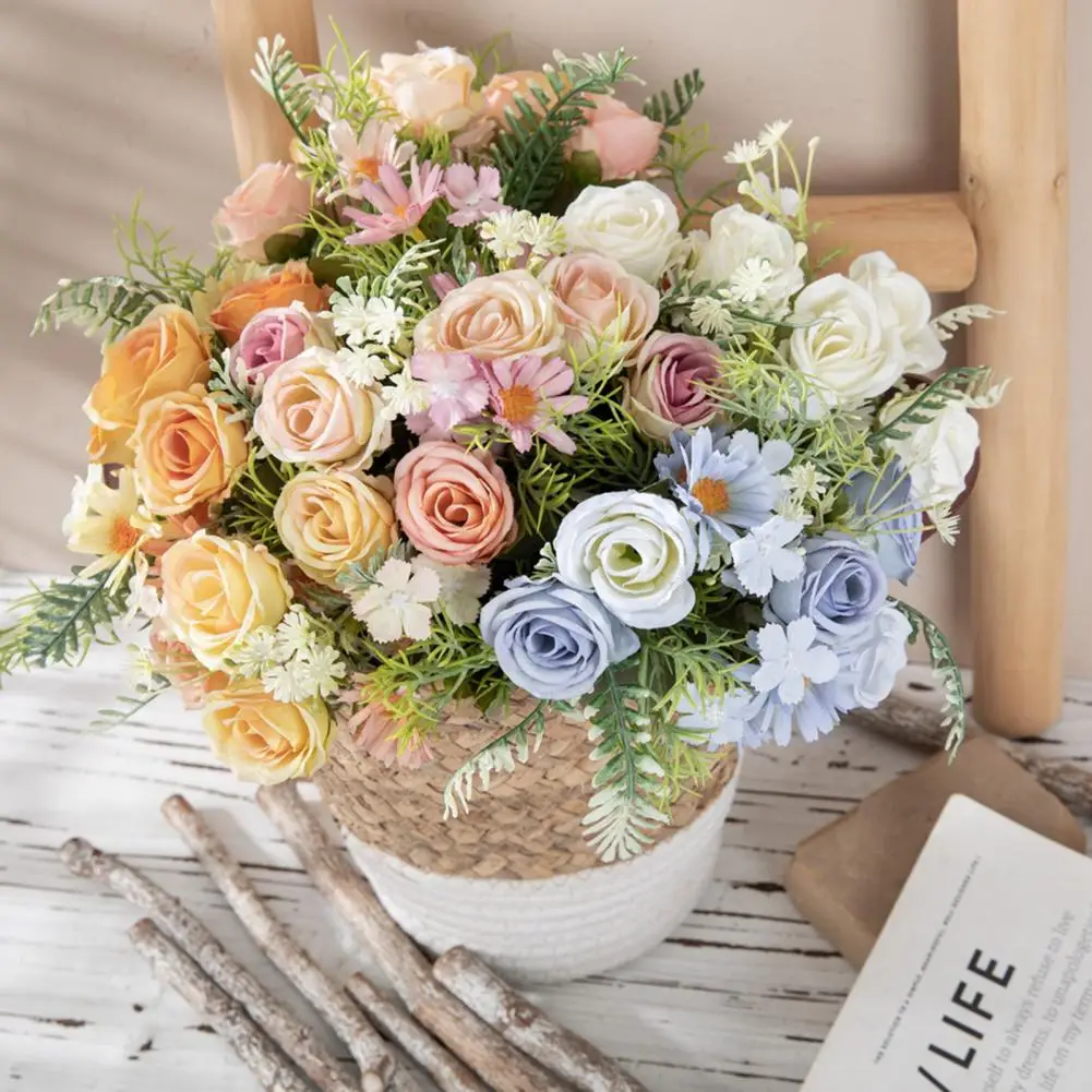 1 Bunch Simulation Flower Vivid Appearance Multiple Layers Petals Faux Silk Cloth 5 Fork Design Artificial Multi-Color Mixed Ros