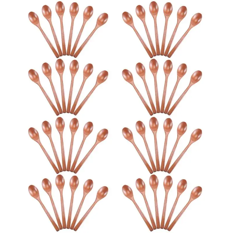 AT21-Wooden Spoons, 48 Pieces Wood Soup Spoons For Eating Mixing Stirring, Long Handle Spoon Kitchen Utensil