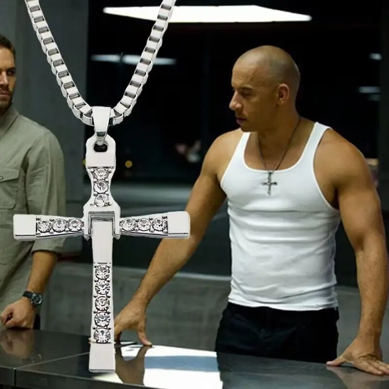 Fast and Furious Necklace Cross Necklaces Rhinestones Men\'s Chain Dominic Toretto Stainless Steel Choker For Men Accesories Gift