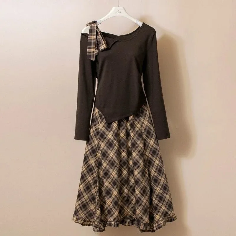 Women 2 Piece Sets Bow Long Sleeve Bow Tshirts A-line High Waist Ruffles Plaid Long Skirt Suit Summer Irregular Vintage Outfits