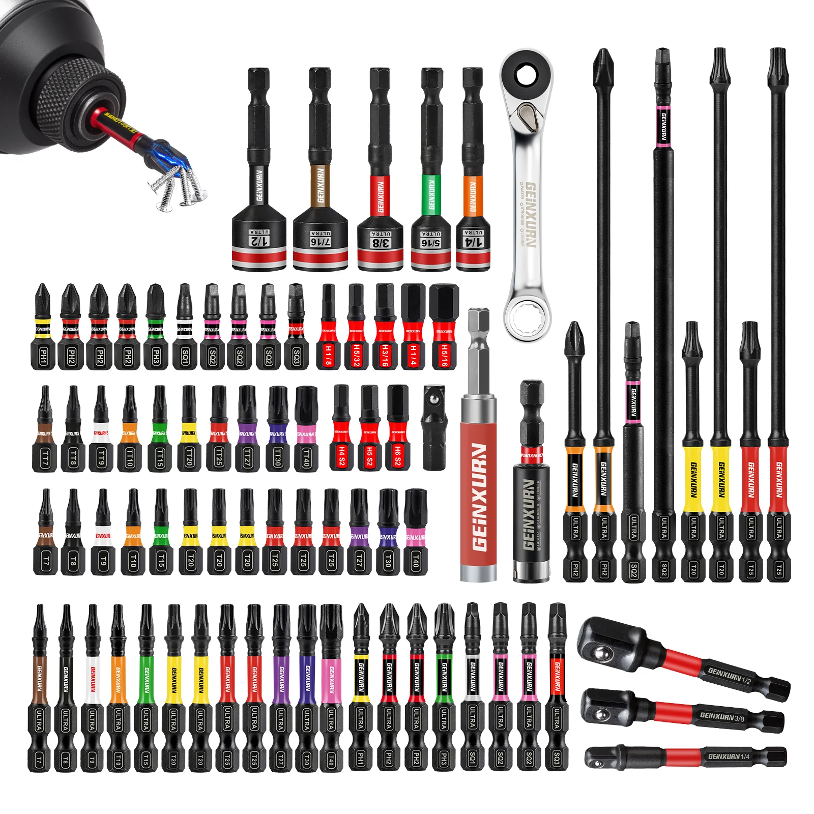 Geinxurn 82pcs Impact Screwdriver Bits Set,S2 Steel Insert Power Bits Tips with Bit Holder and Nut Driver and Mini Wrench