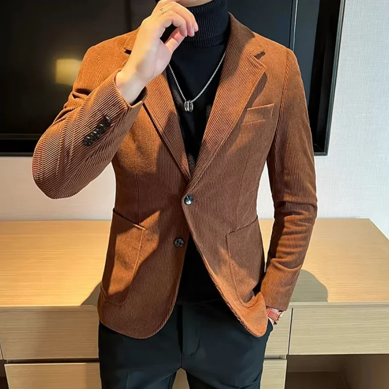 High Quality Corduroy Suit Jackets Men Korean Style Slim Fit Casual Business Blazers Office Wedding Social Groom Blazers