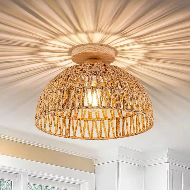 Home Decor Bohemian Rattan Ceiling Light with Mid-Century Handwoven Pendant Design E27 Base Modest Ceiling Lamps