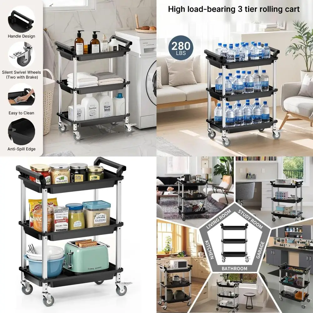 

3-Tier Plastic Rolling Utility Cart with Lockable Wheels for Home, Kitchen, and Office Organization - Black