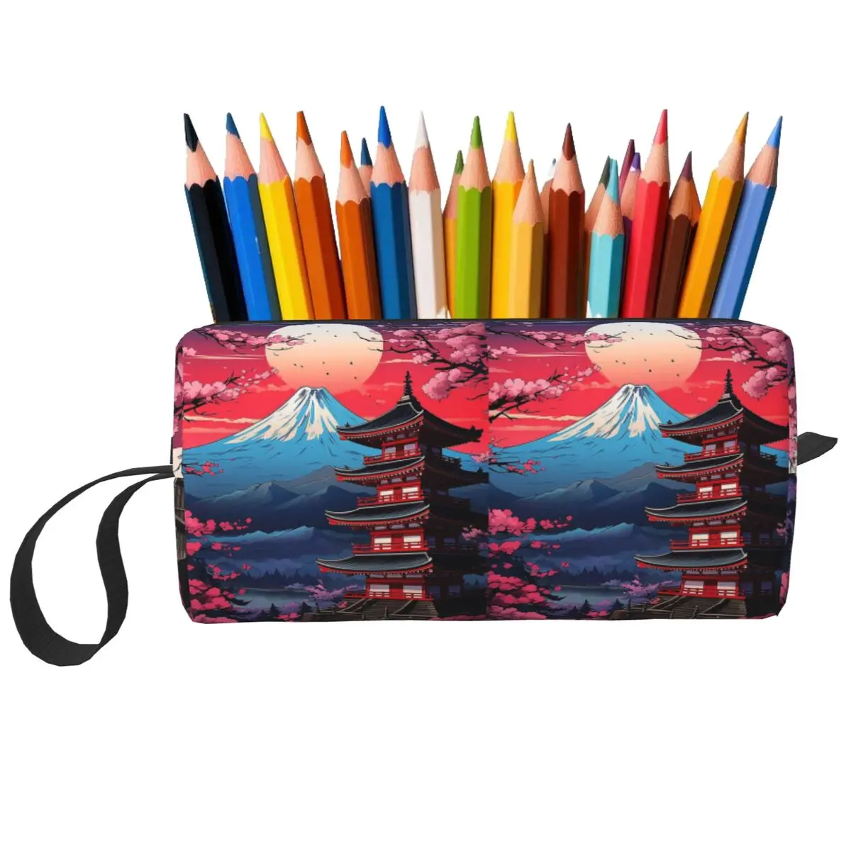 Japan Sakura Cherry Blossoms With A Red Rising Sun Pencil Case for Pen Box Pencil Bag Stationery Supplies Women Organizer Pouch