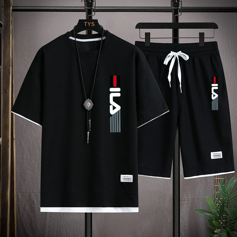 

Men's summer 2026 fashionable outdoor new casual short sleeved T-shirt set, round neck hooded sweatshirt+sports shorts two-piece