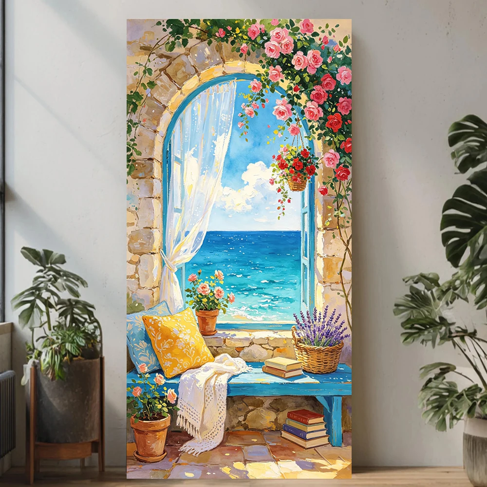It depicts a balcony view full of Mediterranean style, Modern Home Living Room, Bedroom Decor, Wall arts, In door posters, No Fr