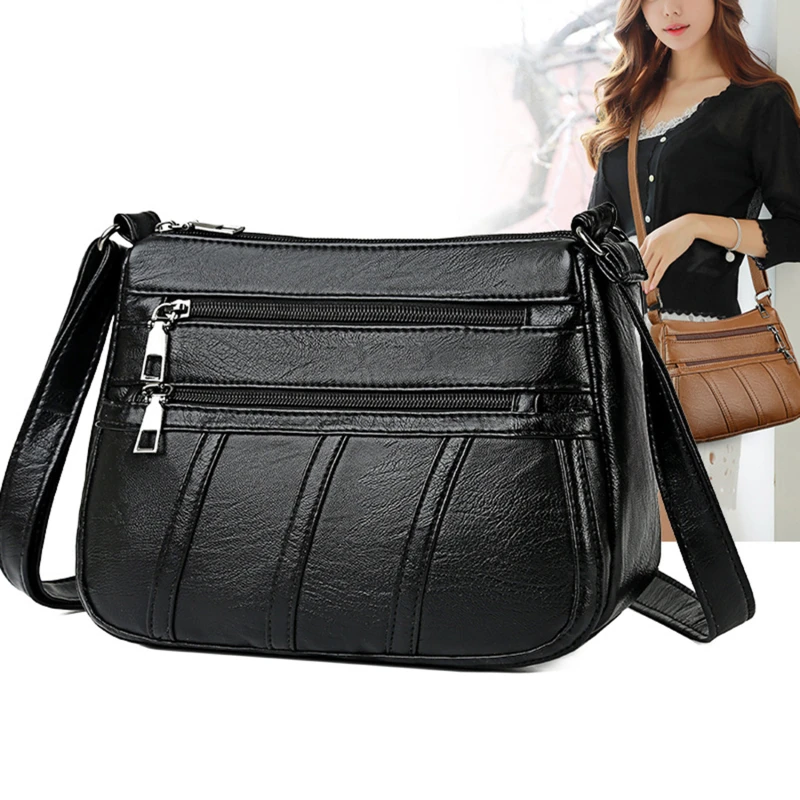 Women Soft Shoulder Bag PU Solid Messenger Crossbody Bags Female Retro Multipocket Purse